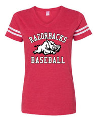 RAZORBACKS - LADIES - LAT - Women's Football V-Neck Fine Jersey Tee - 3537