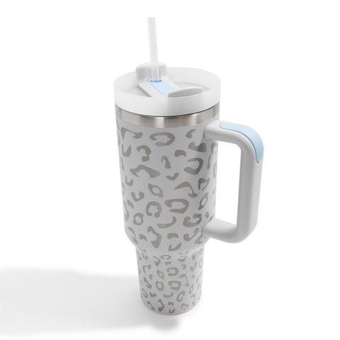 Light Grey Laser Engraved Leopard Print 40oz Double Wall Stainless Steel Vacuum Tumbler With Handle