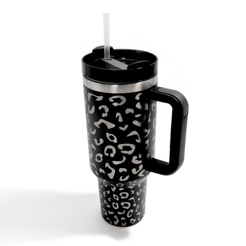 Black Laser Engraved Leopard Print 40oz Double Wall Stainless Steel Vacuum Tumbler With Handle