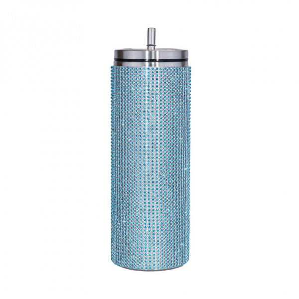 Light Blue Rhinestone 20oz Tumbler With Screw on Lid and Straw