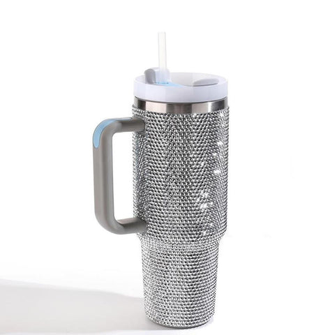 Silver Rhinestone 40oz Double Wall Stainless Steel Vacuum Tumbler With Handle