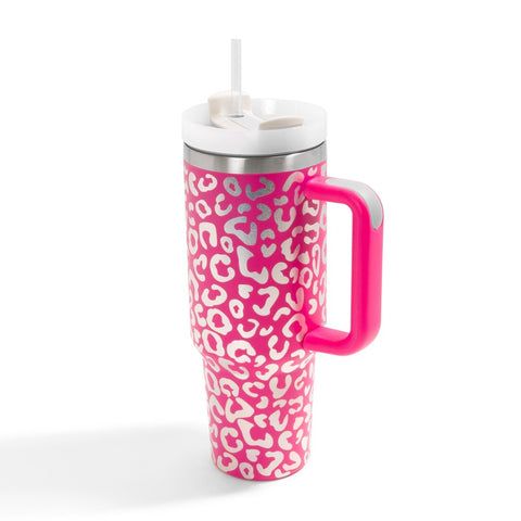 Hot Pink Holographic Leopard Print 40oz Stainless Steel Tumbler