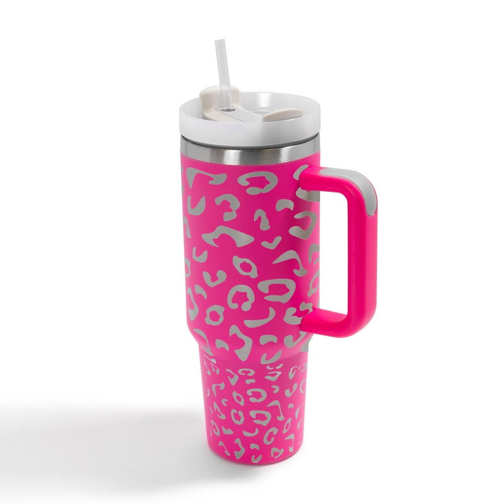 Hot Pink Laser Engraved Leopard Print 40oz Double Wall Stainless Steel Vacuum Tumbler With Handle