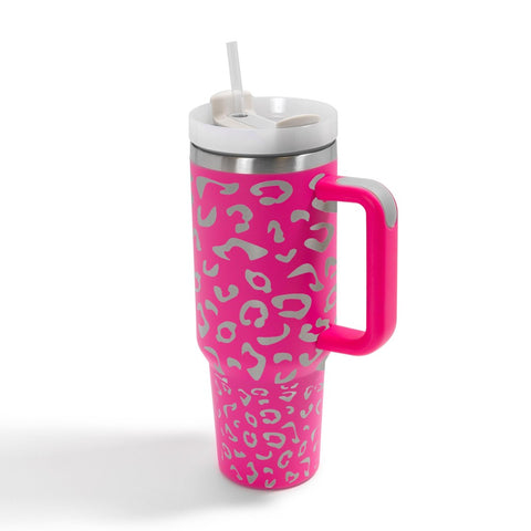 Hot Pink Laser Engraved Leopard Print 40oz Double Wall Stainless Steel Vacuum Tumbler With Handle