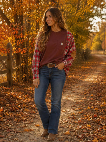 Carhartt Upcycled Pocket Tee with Coordinating Plaid Flannel Long Sleeves Fall Colors Upcycle Corduroy Elbow Patch Flannel Carhartt