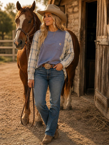Carhartt Upcycled Pocket Tee and Retro Wrangler Pearl Snap Long Sleeve Western Upcycle