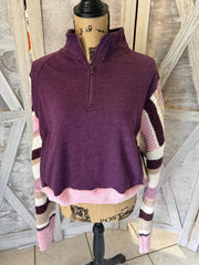 Adorable Upcycle 1/4 Zip with Coordinating Striped Sweater Sleeves Upcycle Sweater Cropped