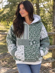 Upcycled  Green and White Floral Quilt Looking Blanket Sweatshirt Hoodie with Pocket, Waistband and Cuffs
