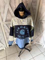 Blue Floral Carhartt Upcycled Made to Work Authentic Carhartt Front Graphic Hoodie Upcycle Carhartt Hoodie