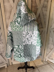 Upcycled  Green and White Floral Quilt Looking Blanket Sweatshirt Hoodie with Pocket, Waistband and Cuffs