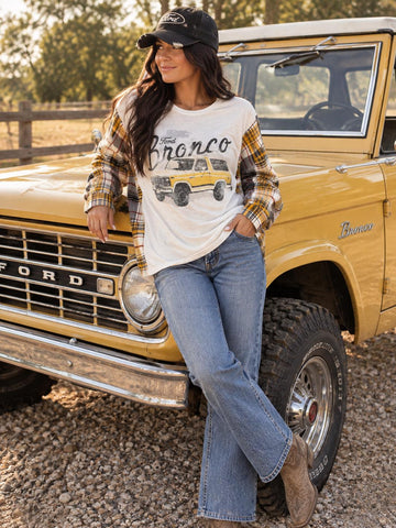 Upcycled Vintage Ford Bronco Graphic T-Shirt with Coordinating Plaid Flannel Long Sleeve
