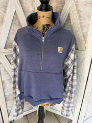 Carhartt Heather Navy 1/2 Zip Pullover Sweatshirt with Genuine Carhartt Label and Coordinating Flannel Long Sleeves with front Pocket