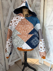 Marigolds Upcycled  Quilt Look Blanket Sweatshirt Hoodie with Matching Pocket and Hood Upcycle Waistband and Cuffs