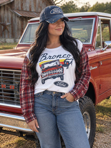 Red Hot Upcycled Vintage Ford Bronco T-Shirt with Coordinating Plaid Flannel Long Sleeve Upcycle Bronco Upcycle