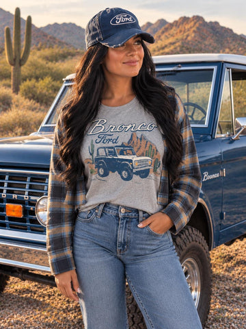 Desert Blue Vintage Ford Bronco Upcycle  T-Shirt with Coordinating Blue/Tans Plaid Flannel Long Sleeve Upcycle