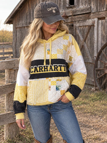 Carhartt Happy Days Handmade Quilt Upcycle Carhartt Upcycled Hoodie Yellow Quilt and Coordinating Material