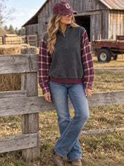 Upcycled 1/2 Zip Soft Pullover Sweater with Coordinating Flannel and Sweatshirt Waistband Optional Carhartt Patch Add On