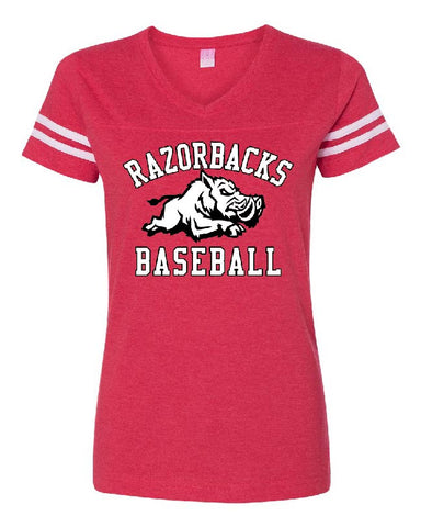 RAZORBACKS -  LADIES -  LAT - Women's Football V-Neck Fine Jersey Tee - 3537
