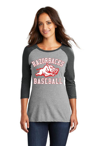 RAZORBACKS - District Made® Ladies Perfect Tri® 3/4-Sleeve Raglan. DM136L
